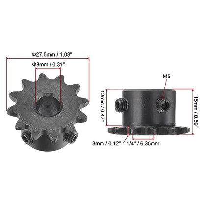 uxcell #25 Chain Roller Sprocket, 8mm Bore 1/4" Pitch 12 Tooth Single Strand Chain Sprocket, C45 Carbon Steel 25 Roller Chain Sprocket with Set Screws for ISO 04C Chain, 2Pcs - size: 27.5mmx8mm