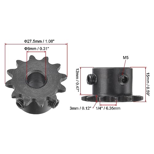 uxcell #25 Chain Roller Sprocket, 8mm Bore 1/4" Pitch 12 Tooth Single Strand Chain Sprocket, C45 Carbon Steel 25 Roller Chain Sprocket with Set Screws for ISO 04C Chain, 2Pcs - size: 27.5mmx8mm
