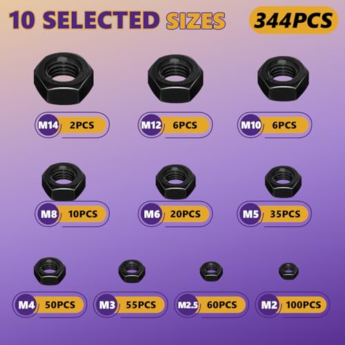 344Pcs Metric 10 Sizes Black Zinc Hex Nut Assortment Carbon Steel - size: 344Pcs M2-M14 Black