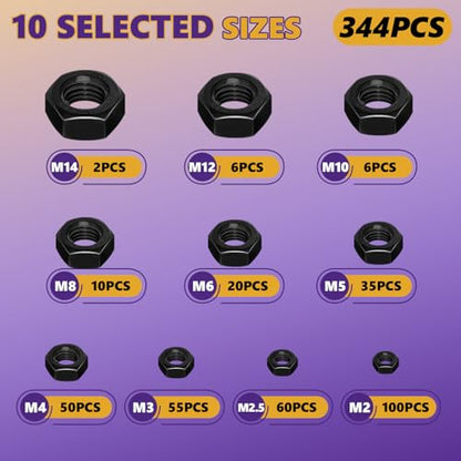 344Pcs Metric 10 Sizes Black Zinc Hex Nut Assortment Carbon Steel - size: 344Pcs M2-M14 Black