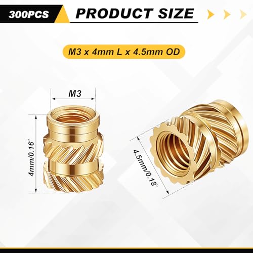 Yaocom 300 Pcs M3 Threaded Inserts M3 x D4.5 x L4 Heat Set Inserts - size: M3 X D4.5 X L4