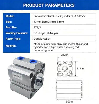 CG WEITENG Pneumatic Pneumatic Small Thin Cylinder Aluminum Pneumatic Air Cylinder for Pneumatic and Hydraulic Systems SDA (50mmx25mm) - color: 25 mm, size: SDA-50 mm