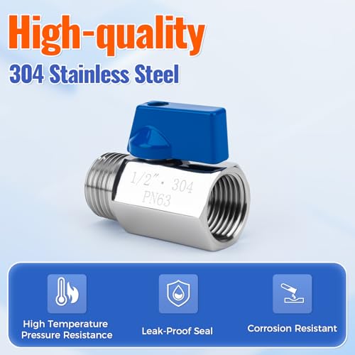 2 Pack 1/2" Mini Ball Valve, 304 Stainless Steel Water Flow Control Male x Female NPT Threaded Shut-Off Drain Valves with Quarter Turn Operation - size: 1/2 Inch