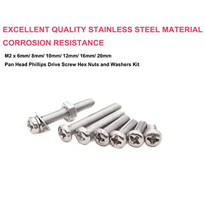 cSeao 480pcs M2 x 6mm / 8mm/ 10mm/ 12mm/ 16mm/ 20mm, Phillips Pan Head Machine Screws Metric Screws Bolts Washers Nuts Kit, 304 Stainless Steel - size: M2