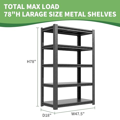 78" H Garage Shelves, Garage Shelving Heavy Duty, 3000Lbs 5 Tier Adjustable Garage Storage Shelves Suitable for Warehouse, Basement, Workshop,Require Assembly, 18" D*48" W *78" H(Black) - size: 17.99"D*47.24"W*77.95"H