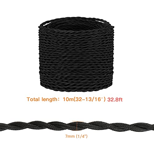 Helunsi 32.8 ft Twisted Cloth Covered Wire, 18/2 Black Vintage Lamp Cord - color: Black