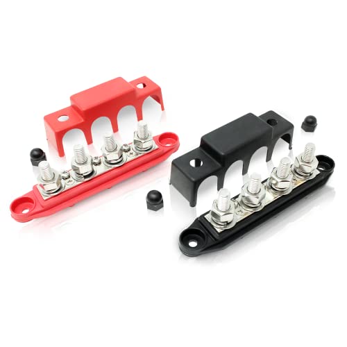 4 Post Power Distribution Block Bus Bar Pair with Cover - Made in The USA - 250 Amp Rating – Marine Bus Bar, Automotive, and Solar Wiring – Battery Terminal Distribution Block - (Set of 2) (3/8”) - size: 3/8" - Red & Black Set