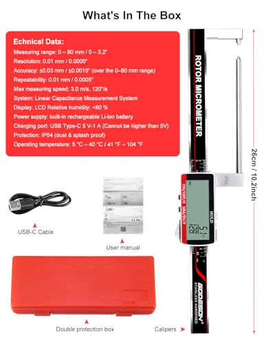 Brake Rotor Gauge, Rechargeable Digital Caliper 3.25-Inch ±0.03mm Accuracy, Stainless Steel Body, Large LCD Display with Hold, mm/inch/F Units, IP54, Measures Discs Without Removing Wheels - size: 3.25"-USB‑C