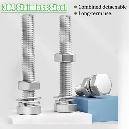 5 Sets 3/8-16 × 2-1/2" Stainless Steel Hex Head Screws Bolts, Nuts, Flat & Lock Washers,18-8(304) Full Thread - color: Silver-hex, size: 3/8-16×2-1/2"(5 sets)
