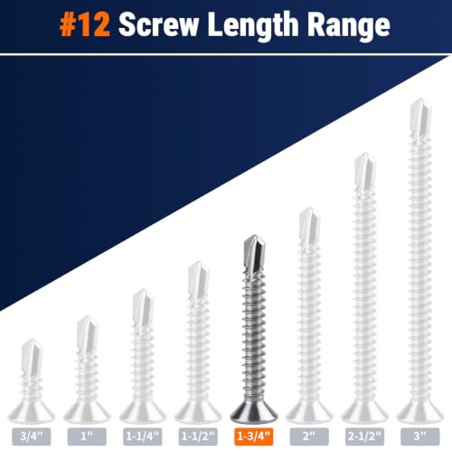 #12 x 1-3/4" Phillips Flat Head Sheet Metal Screws, Stainless Steel 410 Self Drilling Screws for Metal, Countersunk Head, Phillips Drive, Self Tapping, 50 Pack - size: #12 x 1-3/4"