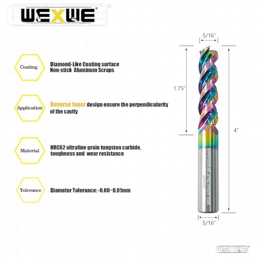 Tools 5/16” Extra Long Carbide Square End Mill for Aluminum, Copper Alloy, Plastic, 4" Overall Length End Mill Bits, 3 Flute HRC 62 Deg DLC Coating, CNC Router Bits 5/16 Shank (5/16-4" 2PCS) - size: DLC EXXL 5/16-4" 2PC