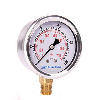 MEASUREMAN Pressure Gauge 1/4 NPT, 0-100psi/kPa Glycerin Filled Pressure Gauge with 2.5 Inch Dial Size and 304 Stainless Steel Case (0-100 psi, Lower Mount) - size: 0-100 psi, style: Lower Mount
