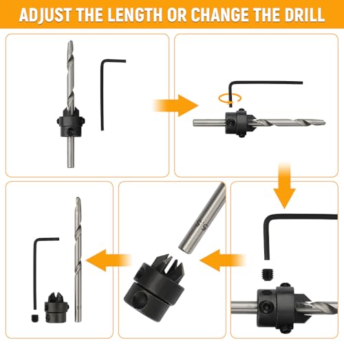 Hoteche 7-Piece Countersink Drill Bit Set, Carbon Steel with 7 Sizes (#5-#12), Hex Wrench, Wooden Box Packaging