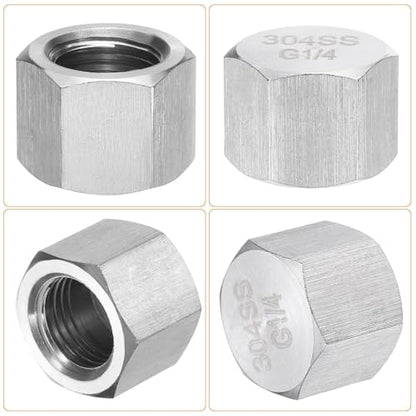 uxcell 4pcs Hex End Cap 304 Stainless Steel Nut with Washer, G1/4" Female Thread Pipe Fitting, Gas Line Water Line Stop Valve Cap Tubing Ends for Plumbing Fittings, Silver Tone - size: G1/4"