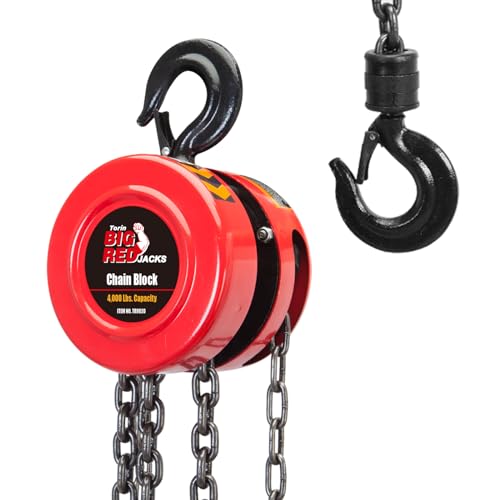 BIG RED TR9020 Torin Manual Hand Lift Steel Chain Block Hoist with 2 Hooks, 2 Ton (4,000 lb) Capacity, Red - color: Red, size: 2 Ton