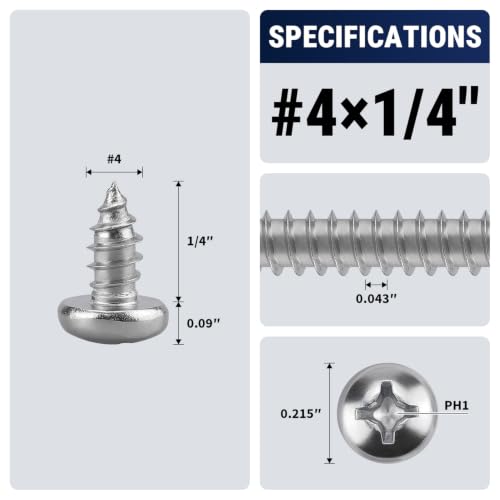 #4 x 1/4" (100 Pack) Stainless Steel Phillips Pan Head Wood Screws, Stainless Steel 304 (18-8), Pan Head Sheet Metal Screws Self Tapping for Wood - size: #4 x 1/4"