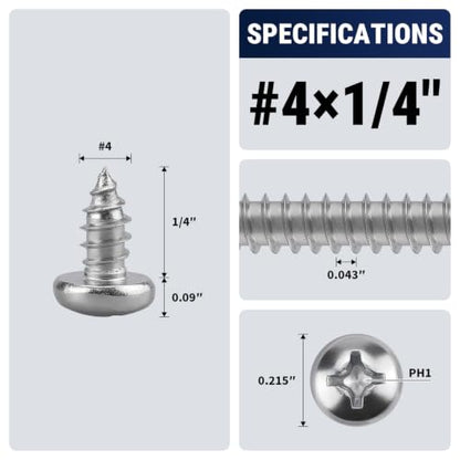 #4 x 1/4" (100 Pack) Stainless Steel Phillips Pan Head Wood Screws, Stainless Steel 304 (18-8), Pan Head Sheet Metal Screws Self Tapping for Wood - size: #4 x 1/4"