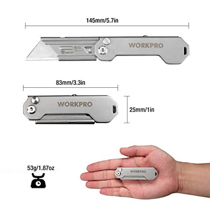 WORKPRO EDC Folding Utility Knife, Mini Box Cutter with Quick Open Axis Lock, Quick Change Blade Razor Knife, Foldable Small Pocket Knife with Belt Clip - color: Silver