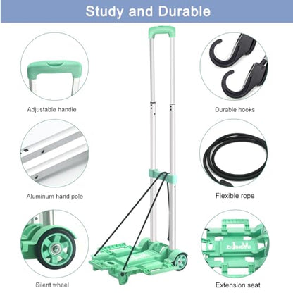 Folding Hand Truck Dolly Cart,Collapsible Shopping Trolley,Mini Lightweight Hand Dolly,Backpack Trolley,Luggage Cart,Aluminum Telescopic Rod,2 Wheel Trolley Expandable Large Chassis,Mint Green - color: 2 Wheel Aluminium Green