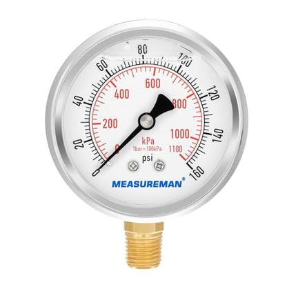 MEASUREMAN 2-1/2inch Dial Size, Oil Filled Pressure Gauge, 0-160psi/kpa, 304 Stainless Steel Case, 1/4inchNPT Lower Mount - size: 0-160 psi, style: Lower Mount