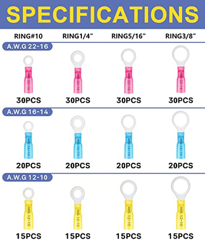 haisstronica 260PCS Heat Shrink Ring Terminals, 22-10 AWG, 3 Colors 4 Sizes - size: AWG 22-10