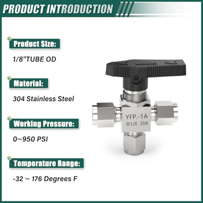 1PCS 304 Stainless Steel 3 Way Compression Tube Valve,1/8" Tube OD Adapter, for water/oil/air systems - size: 1/8" OD (3 Way Valve)