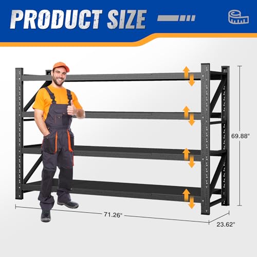 BYNSOE Heavy Duty Shelving Unit 71''W, Garage Shelving Rack 4 Tier Adjustable, 5000 lbs Capacity Steel Storage Rack, Shelves for Garage, Basement, Warehouse71 W X 24" D X 69" H - color: Black, size: 71" W X 24" D X 69" H