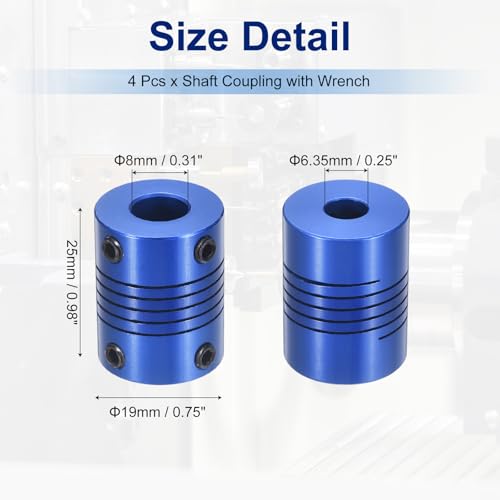 Flexible Shaft Coupling(6.35mm|8mm): 4 Pcs Blue Aluminum Alloy - color: Blue, size: 6.35mm x 8mm (19mm OD, 25mm L)