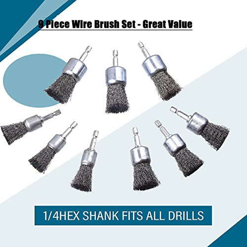 9 Pcs Wire Brush Wheel for Drill, Wire Brush for Drill 1-Inch Crimped End Wire Brushes 1/4" Hex Shank for Paint-Surface and Small Spaces - style: 9 Pcs wire end brush