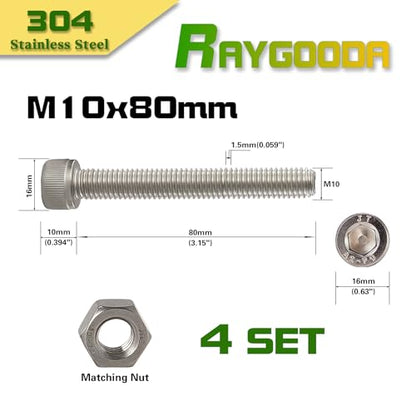 M10-1.5x80mm Socket Head Cap Screw and Nut Kit 4set, 304 Stainless Steel A2-70, Full Thread, Bright Finish - High Strength, Corrosion Resistant for Automotive, Machinery, DIY - size: M10x80mm(4 Sets）