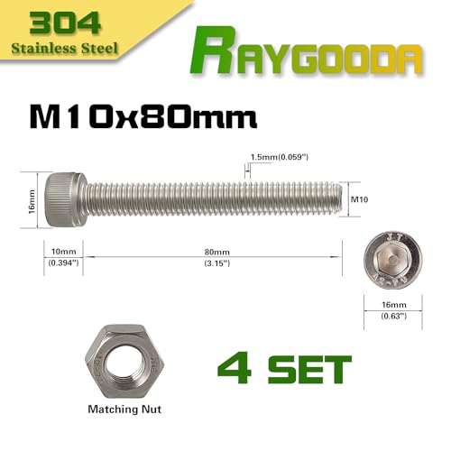 M10-1.5x80mm Socket Head Cap Screw and Nut Kit 4set, 304 Stainless Steel A2-70, Full Thread, Bright Finish - High Strength, Corrosion Resistant for Automotive, Machinery, DIY - size: M10x80mm(4 Sets）