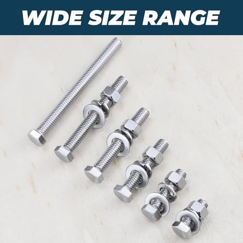 8 Sets Glvaner 3/8-16 x 2 Stainless Steel Hex Head Screws Bolts, Nuts, Flat & Lock Washers, 18-8 (304) Stainless Steel, Full Thread, Coarse Thread - size: 3/8-16 x 2"