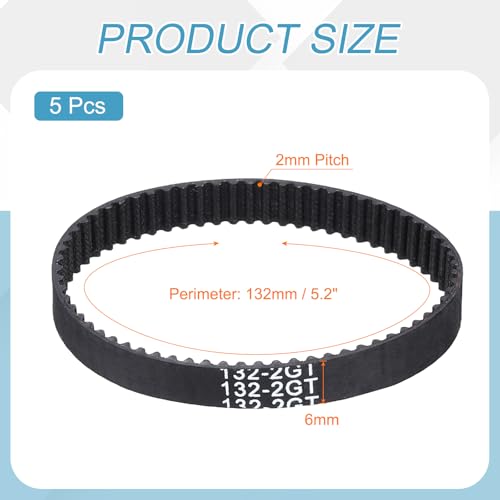 MECCANIXITY 5Pcs 132mm GT-2 Timing Belt 6mm Width 2mm Pitch Closed Loop - size: 132mm