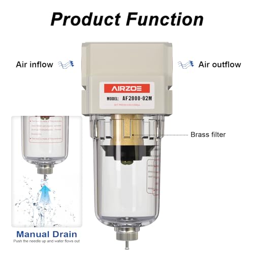 AIRZOE 1/4" NPT Compressed Air Filter AF2000-02M, Manual Drain,0-150psi - size: 1/4" NPT