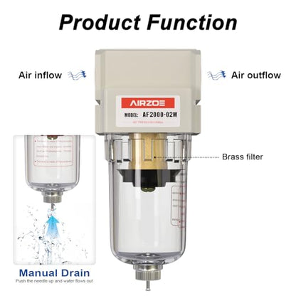 AIRZOE 1/4" NPT Compressed Air Filter AF2000-02M, Manual Drain,0-150psi - size: 1/4" NPT