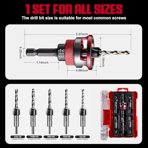 9Pcs Countersink Drill Bit Set,5PCS Two-Flute TCT Alloy Tapered Drill Bits,Adjustable Depth Stop Collar,1/8 9/64" 5/32" Drill+3/8”82°Counter-Bore,11/64"3/16" Drill+1/2" 82°Counter Bore,1/4” Hex Shank - size: 9pcs