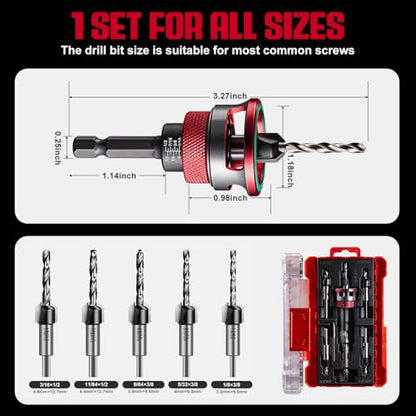 9Pcs Countersink Drill Bit Set,5PCS Two-Flute TCT Alloy Tapered Drill Bits,Adjustable Depth Stop Collar,1/8 9/64" 5/32" Drill+3/8”82°Counter-Bore,11/64"3/16" Drill+1/2" 82°Counter Bore,1/4” Hex Shank - size: 9pcs