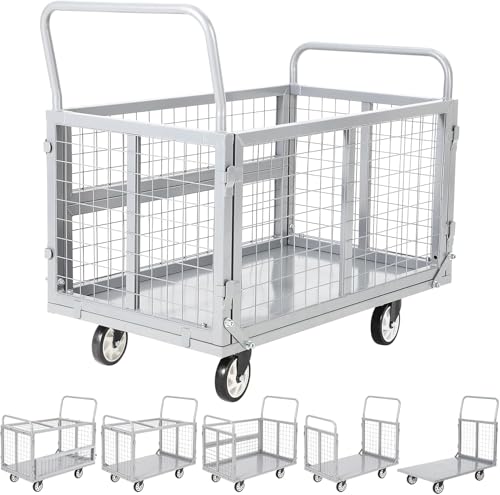 6-in-1 Folding Platform Cart, 2000LBS Heavy Duty Powder Coated Steel Frame, 39"X24" Reinforced Platform, 5" PU Lockable Casters, for Warehouse Industrial Home Commercial Use - Silver - color: Silver