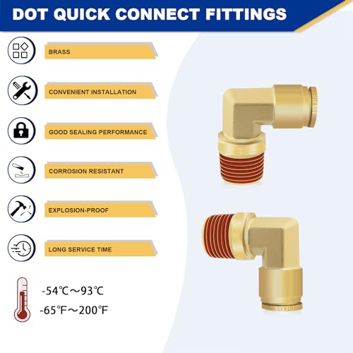 2 PCS DOT Quick Connect Air Fittings 1/2" Tube OD X 1/2" NPT Elbow - size: 1/2" Tube OD x 1/2" NPT - 2 PCS