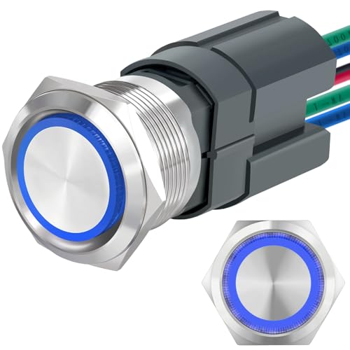 UL Listed 15Amp 22mm Latching Push Button Switch, IP67 Waterproof, DPST 2NO, Stainless Steel 304, On Off Switch with Wire Socket, 12V Blue LED. - color: Blue, size: Latching 12V