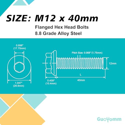 M12 x 40mm 6pcs Flanged Hex Head Bolts, M12 x 1.75 Bolts, Flange Hexagon Head Screws, 8.8 Grade Alloy Steel, Yellow Zinc Plated, Metric Fully Thread - size: M12 x 40mm(6PCS)