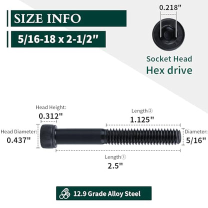 5/16-18 x 2-1/2" Socket Head Cap Screws Bolts, 12.9 Grade Alloy Steel, Black Oxide Finish, Allen Hex Drive, Partial Thread, 10 PCS - size: 5/16-18 x 2-1/2"
