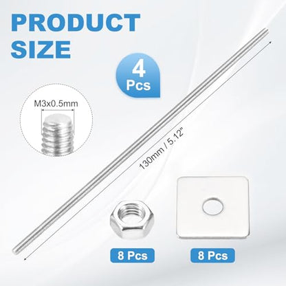MECCANIXITY 4Set M3x130mm Fully Threaded Rod Threaded Rods Bar Studs - size: M3x130mm
