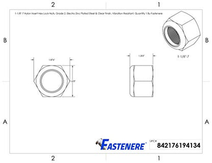 Fastenere Nylon Insert Hex Lock Nuts 1-1/8"-7 Grade 2 Zinc, Clear Finish, Vibration-Resistant, Durable Hardware Nuts for Secure Fastening, Locking Nut, (1-Pack) - size: 1-1/8"-7 (1 Pack)