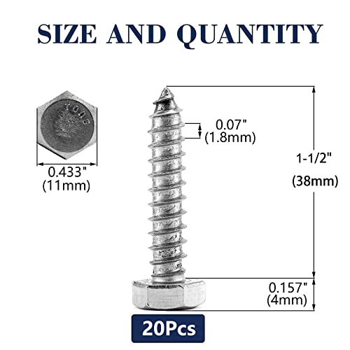 1/4" x 1-1/2" Hex Head Lag Screws Bolts 20Pcs 304 Stainless Steel 18-8, Partial Thread, Hexagon Head Wood Screws by SG TZH - size: 1/4-20 x 1-1/2"