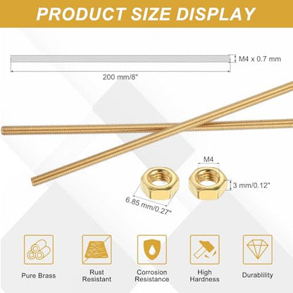 uxcell Brass Fully Threaded Rod, M4x0.7mm Pitch Right Hand Threads Studs with Solid Brass Hex Nuts, 200mm/8 Long Threaded Screw Rods Fasteners for Anchors Bolts Hangers Clamps - size: M4x0.7mmmm200mm