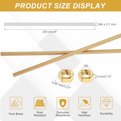 uxcell Brass Fully Threaded Rod, M4x0.7mm Pitch Right Hand Threads Studs with Solid Brass Hex Nuts, 200mm/8 Long Threaded Screw Rods Fasteners for Anchors Bolts Hangers Clamps - size: M4x0.7mmmm200mm
