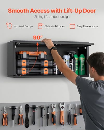 VEVOR Metal Wall Cabinet, 30.31W x 12.01D x 14.02H Inch, Floating Garage Tool Cabinet with Up-Flip Door, 120 lbs Load per Shelf, Fit for Garage, Basement, Kitchen, Warehouse, Assembly Required - size: Upgrade Flip up 14"
