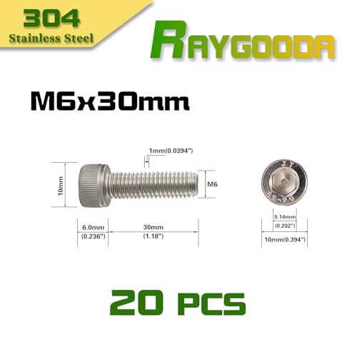 M6x1.0 x 30mm Socket Head Cap Screws Metric, 304 Stainless Steel (A2-70), Allen Socket Drive, Bright Finish, Full Thread, Rust & Corrosion Resistant, for Automotive, Machinery & DIY, 20 PCS - size: M6x30mm (20 PCS)