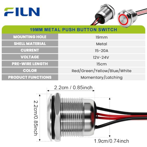 3PCS 19mm 20A Momentary LED Push Button Switch IP67 12V-24V DC Red - color: Red Silver Shell, size: Momentary